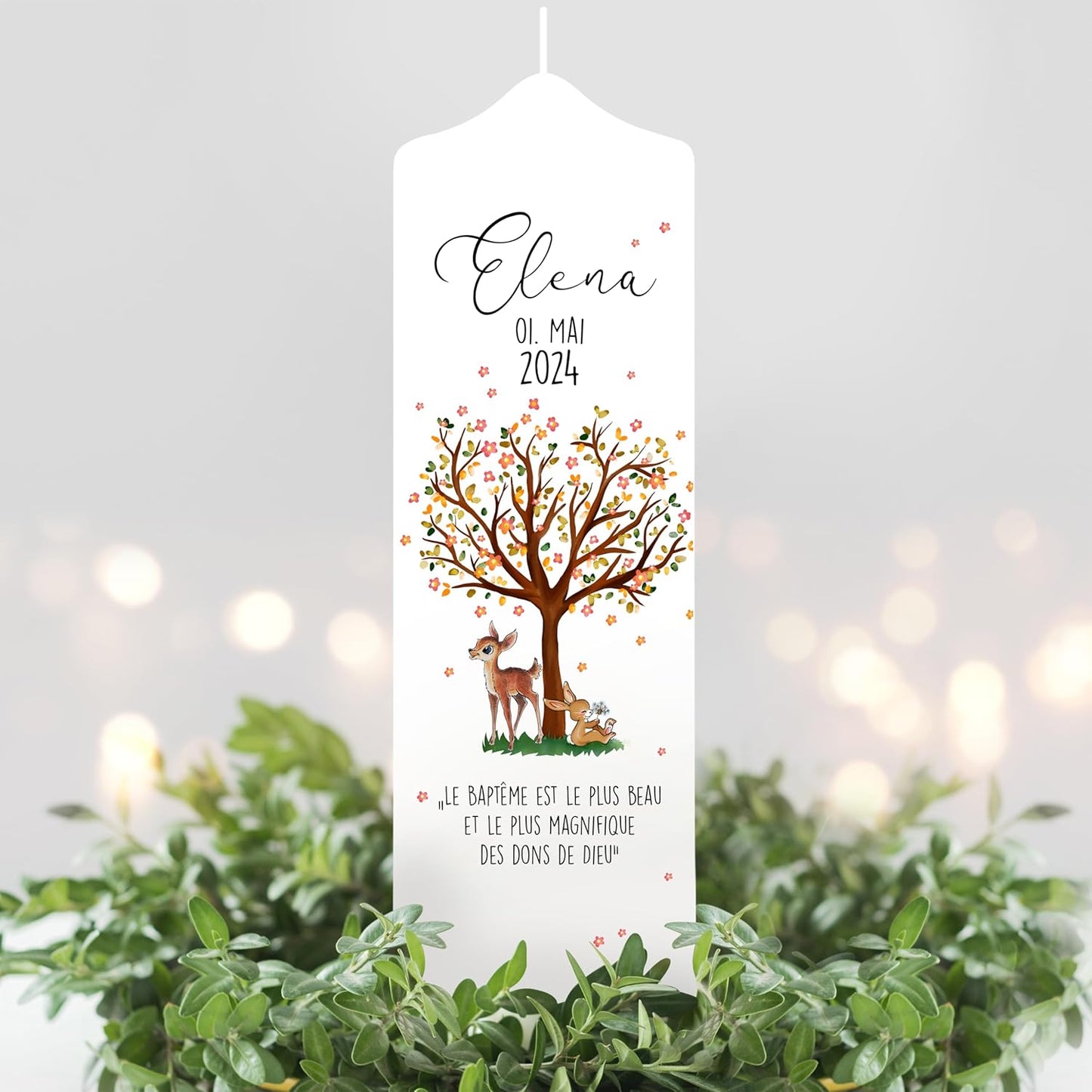 Cierge de Baptême - Arbre de Vie Filigrane - Personnalisé avec Prénom